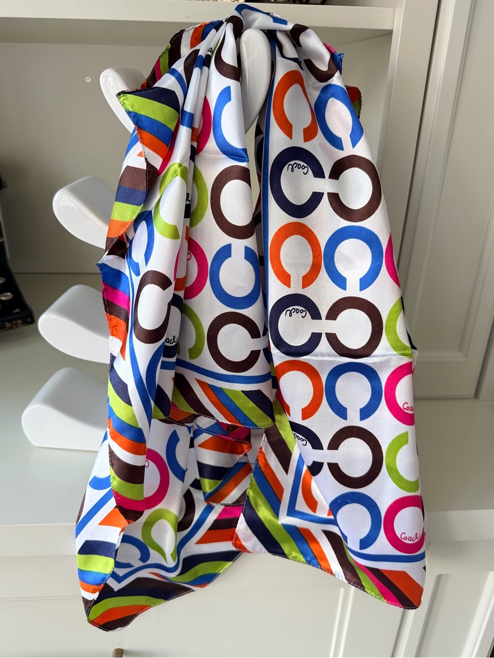 Y2K 2000’S COACH Satin Silk Square Scarf Legend Stripes Multi Colour Signature C